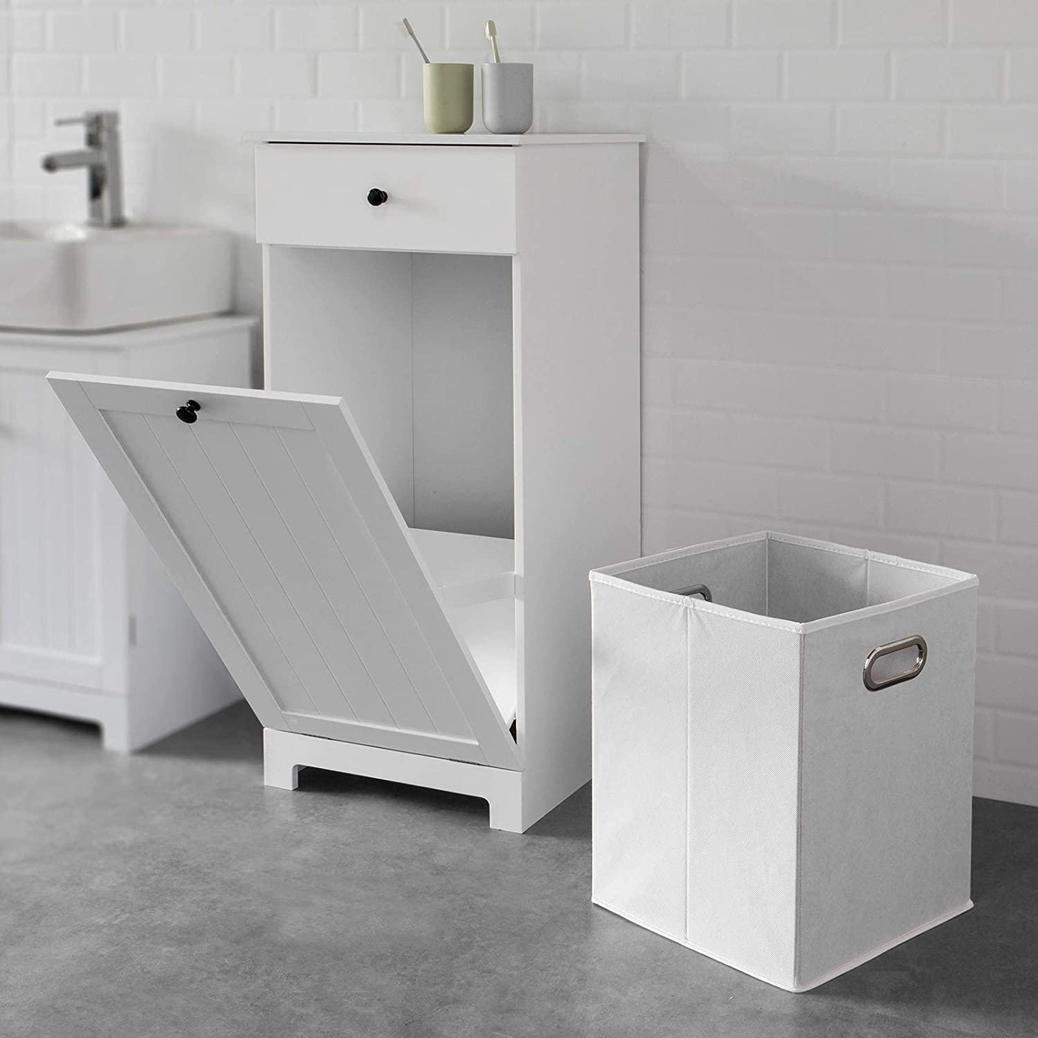 White MDF Bathroom Cabinet, Laundry Basket & Drawer