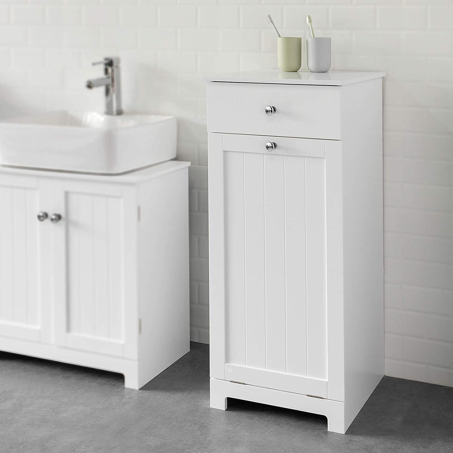 White MDF Bathroom Cabinet, Laundry Basket & Drawer