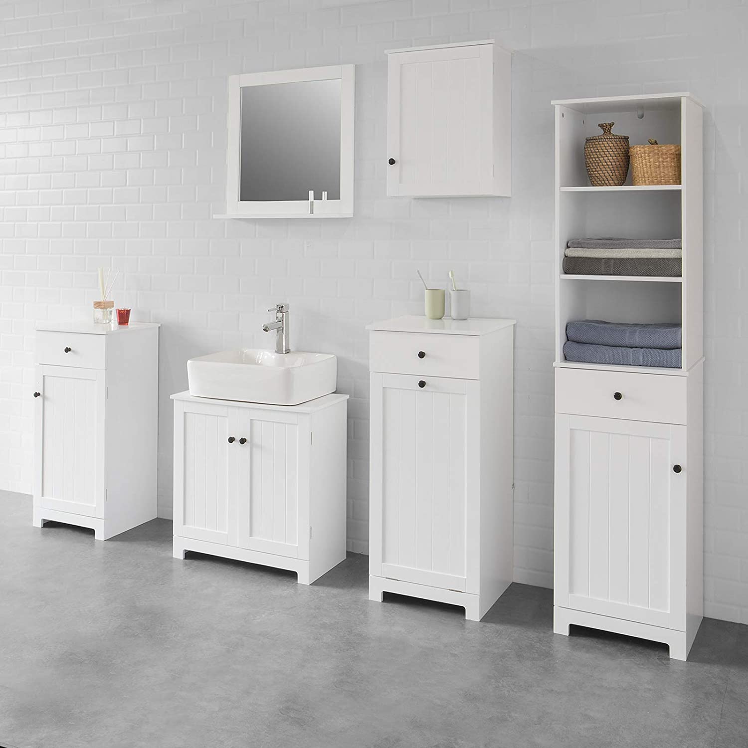 White MDF Bathroom Cabinet, Laundry Basket & Drawer