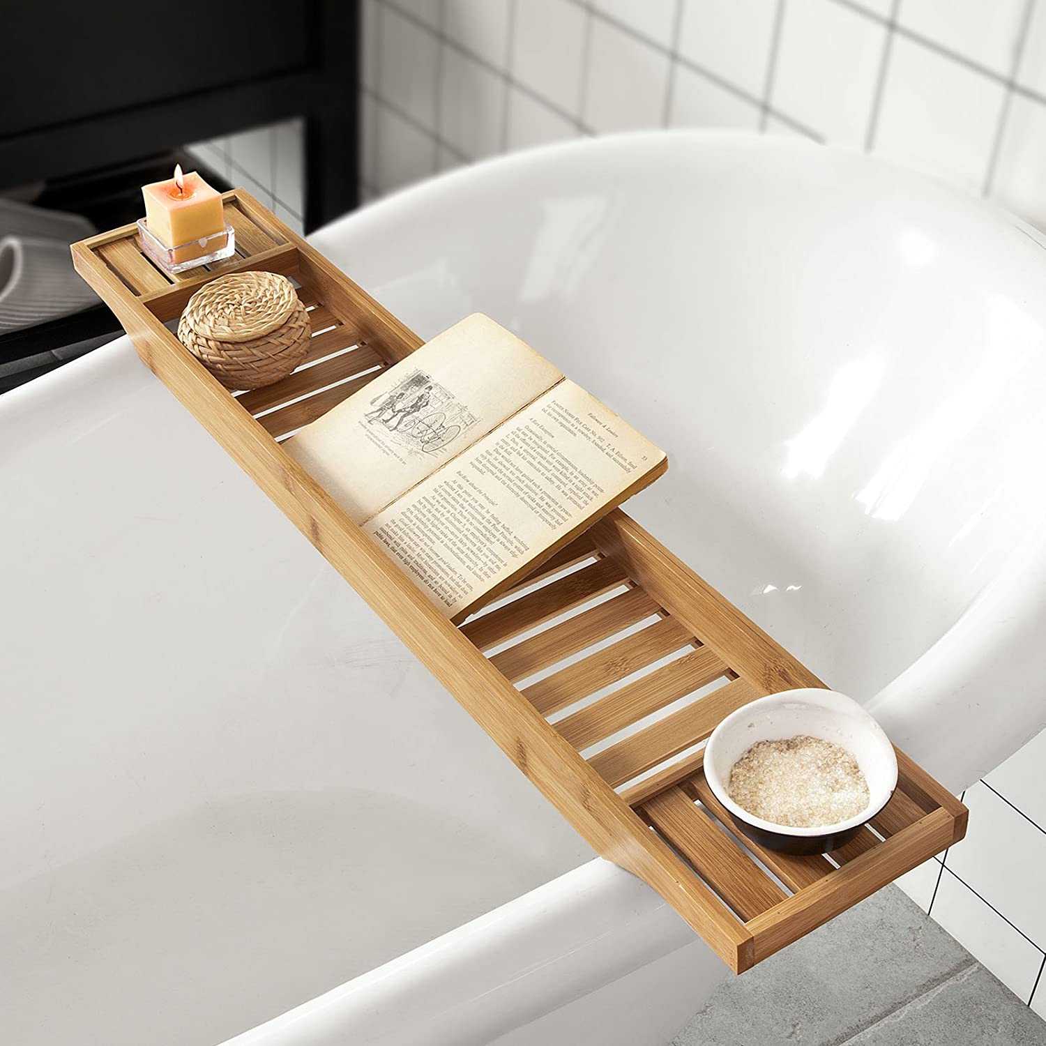 Moisture-Resistant Bamboo Bath Tray Organizer, Natural