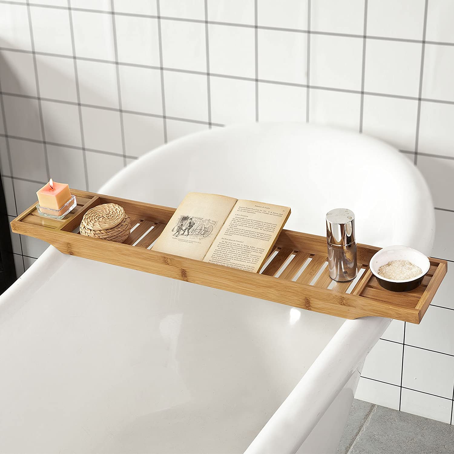 Moisture-Resistant Bamboo Bath Tray Organizer, Natural