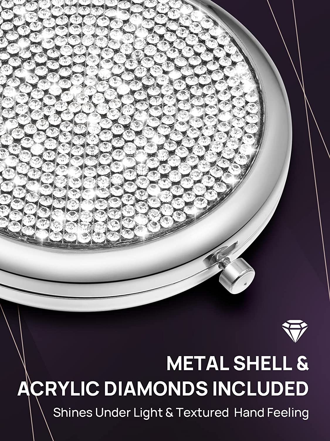Mini Small Diamond 1X/2X Magnifying Round Metal Pocket Makeup Mirror Silver