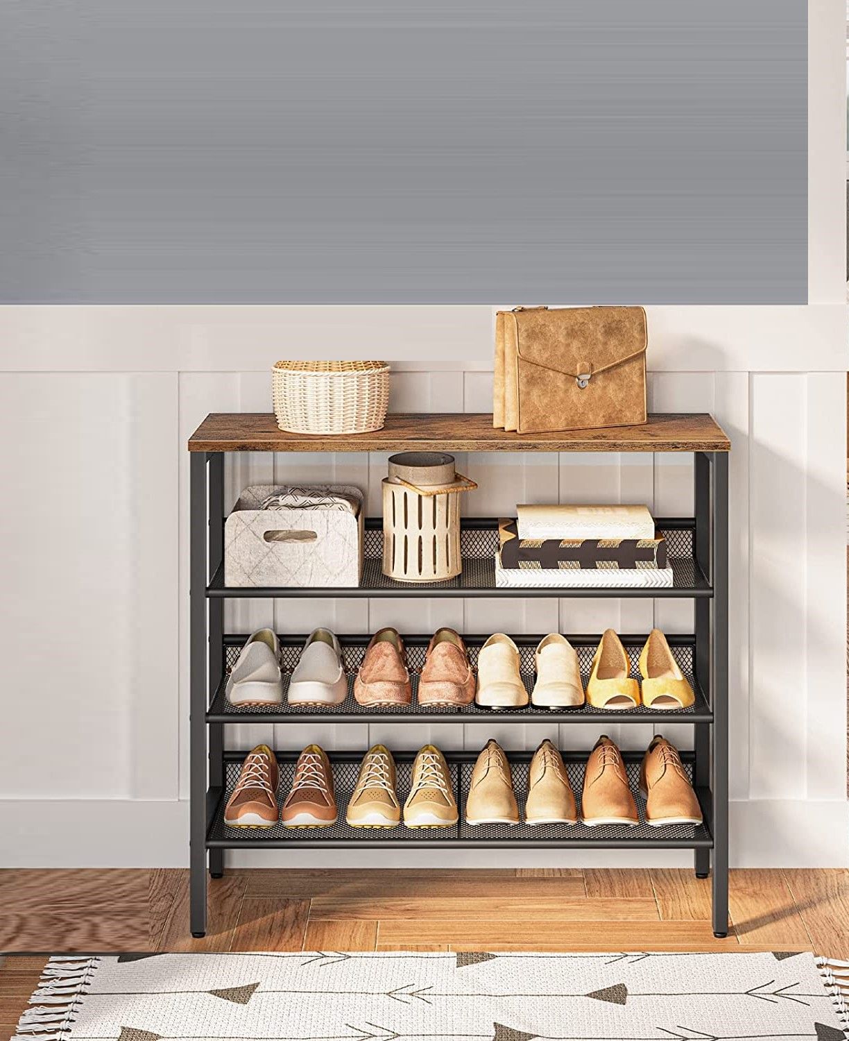 Rustic Brown 4-Tier Shoe Rack, Metal Frame Shoe Organizer