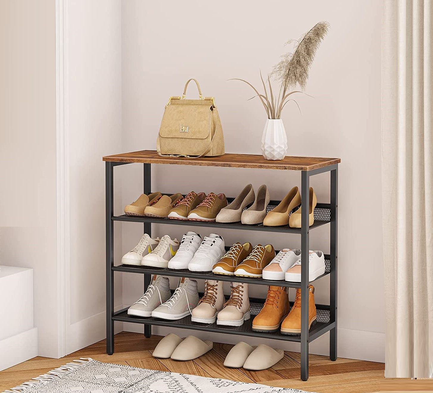 Rustic Brown 4-Tier Shoe Rack, Metal Frame Shoe Organizer