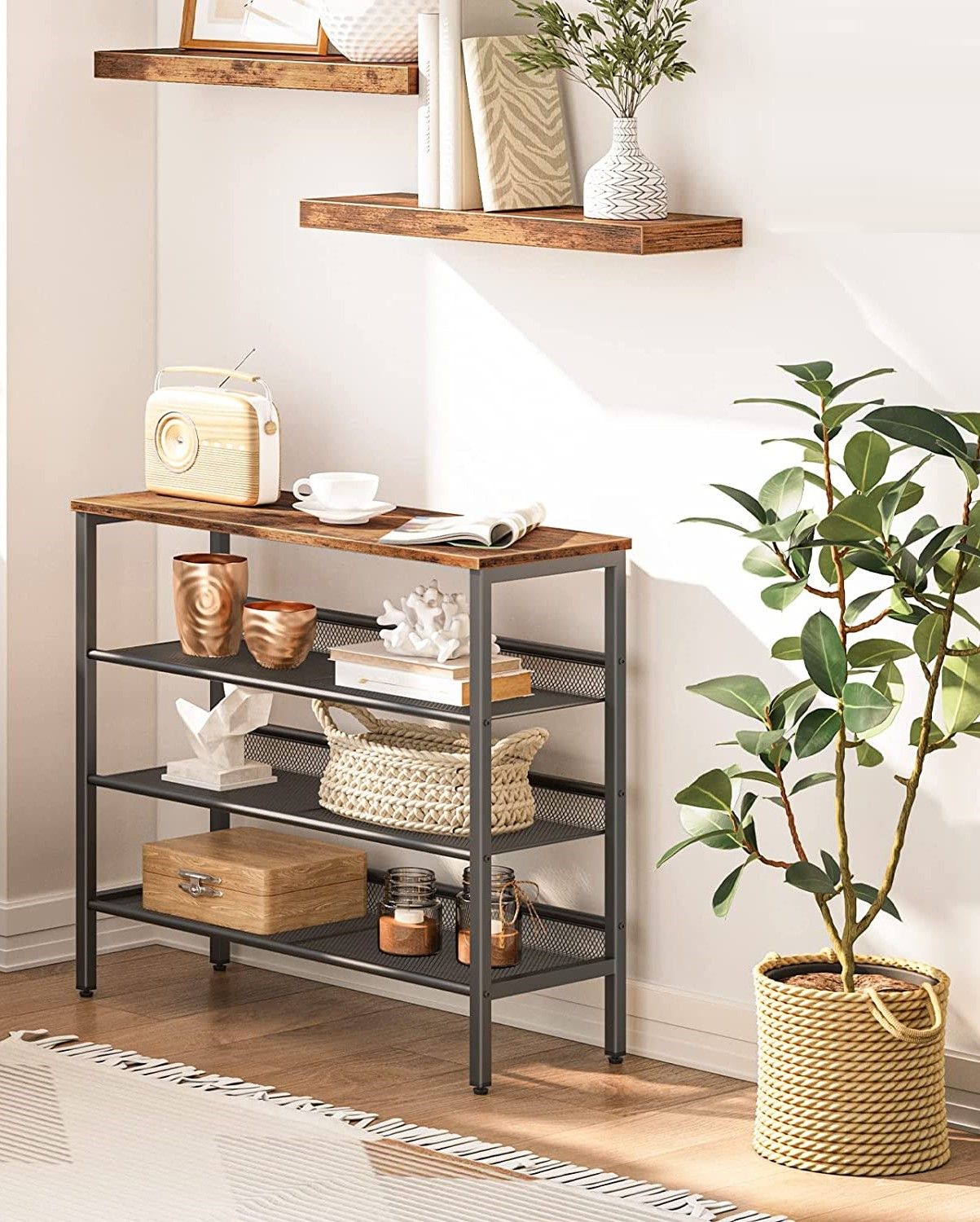 Rustic Brown 4-Tier Shoe Rack, Metal Frame Shoe Organizer