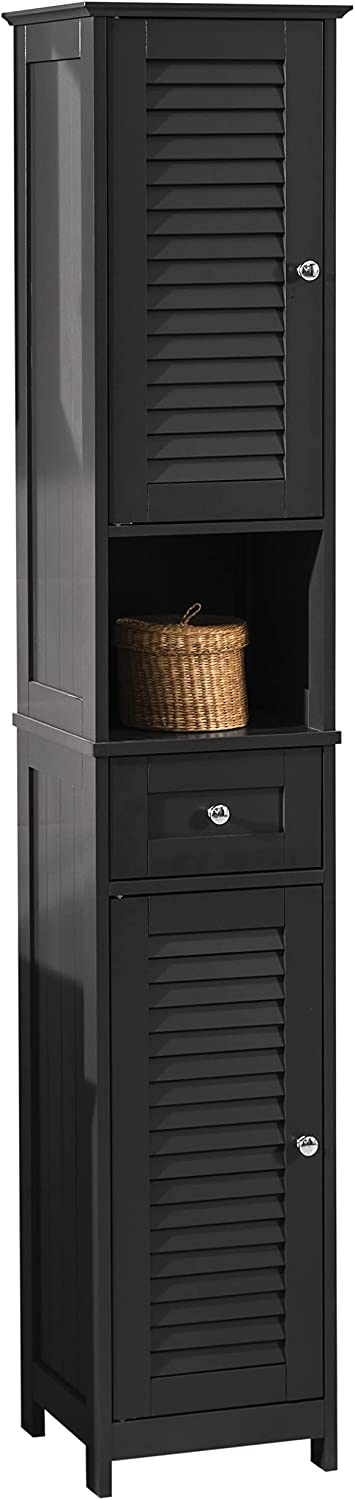 Black MDF Tall Bathroom Cabinet with Shelves & Drawers