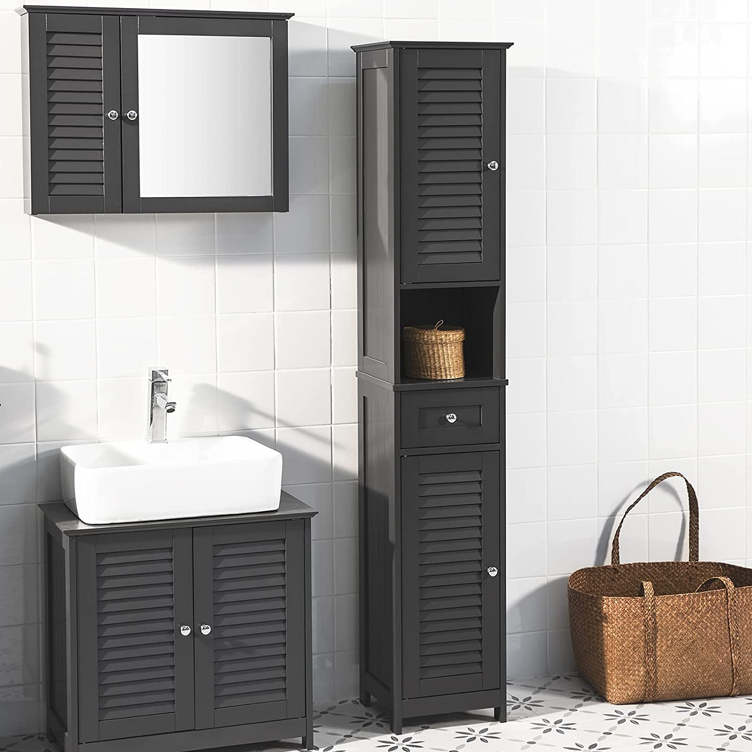 Black MDF Tall Bathroom Cabinet with Shelves & Drawers