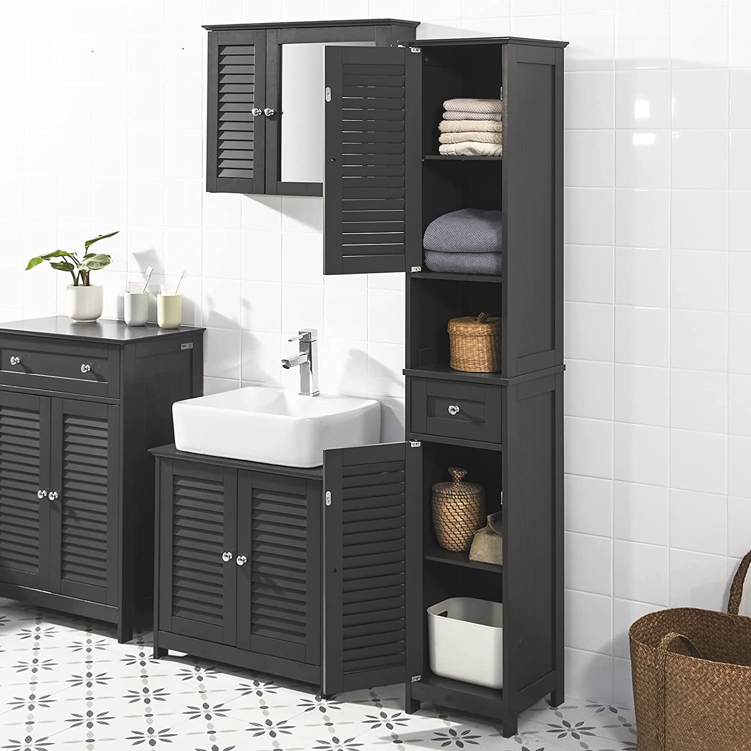 Black MDF Tall Bathroom Cabinet with Shelves & Drawers