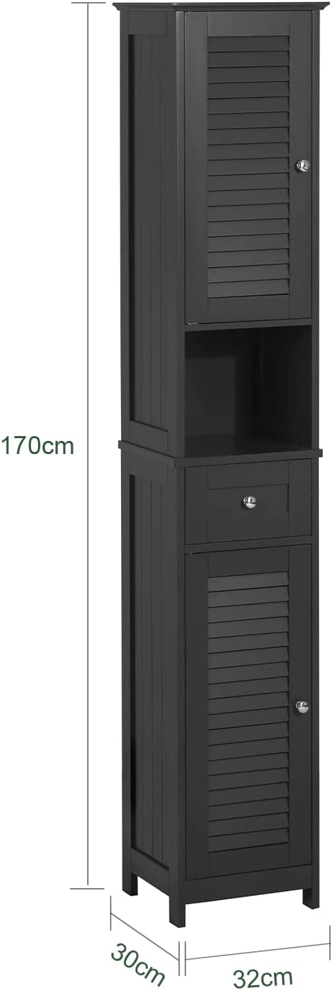 Black MDF Tall Bathroom Cabinet with Shelves & Drawers