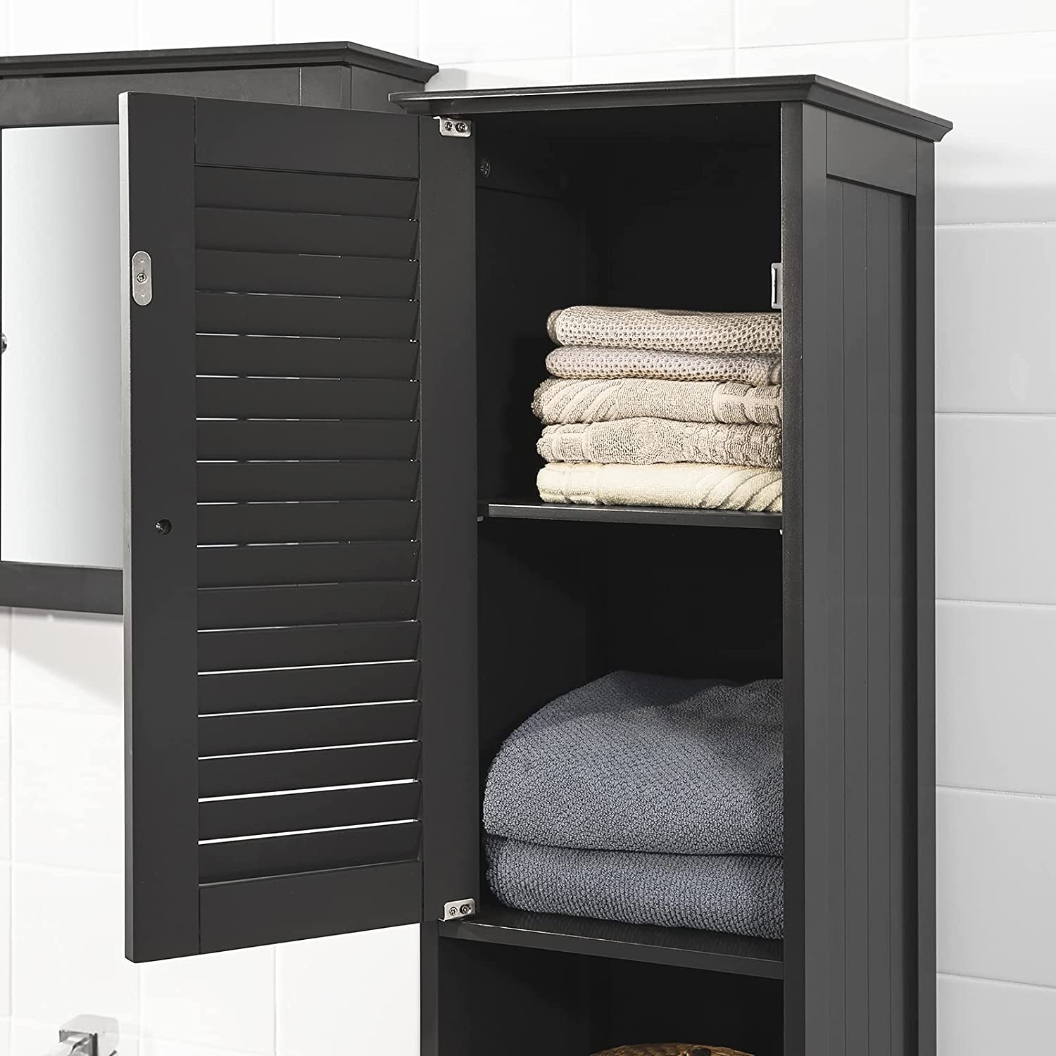 Black MDF Tall Bathroom Cabinet with Shelves & Drawers