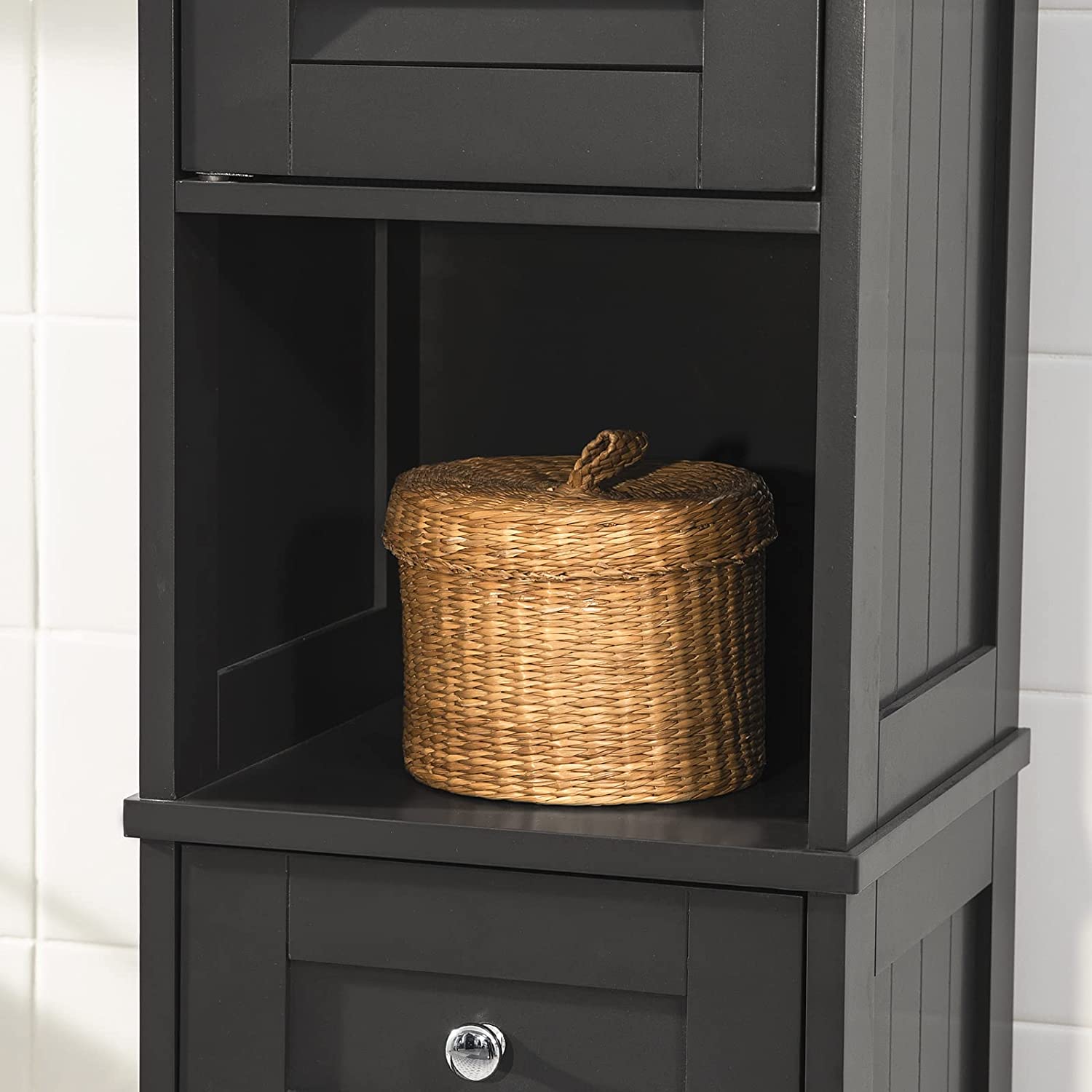 Black MDF Tall Bathroom Cabinet with Shelves & Drawers