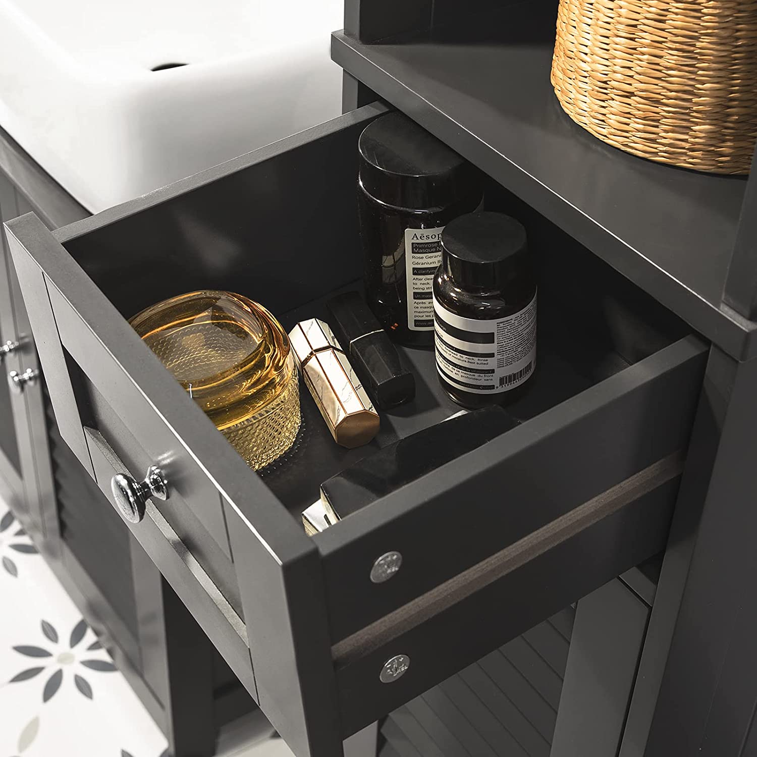 Black MDF Tall Bathroom Cabinet with Shelves & Drawers