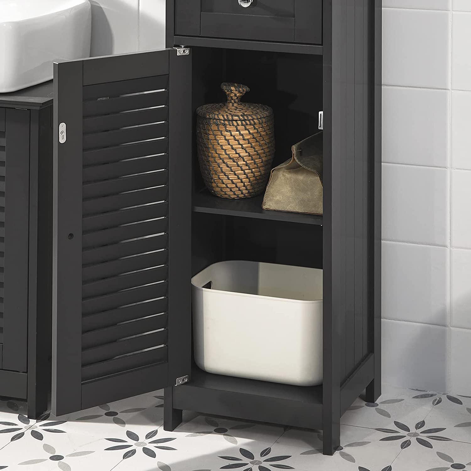 Black MDF Tall Bathroom Cabinet with Shelves & Drawers