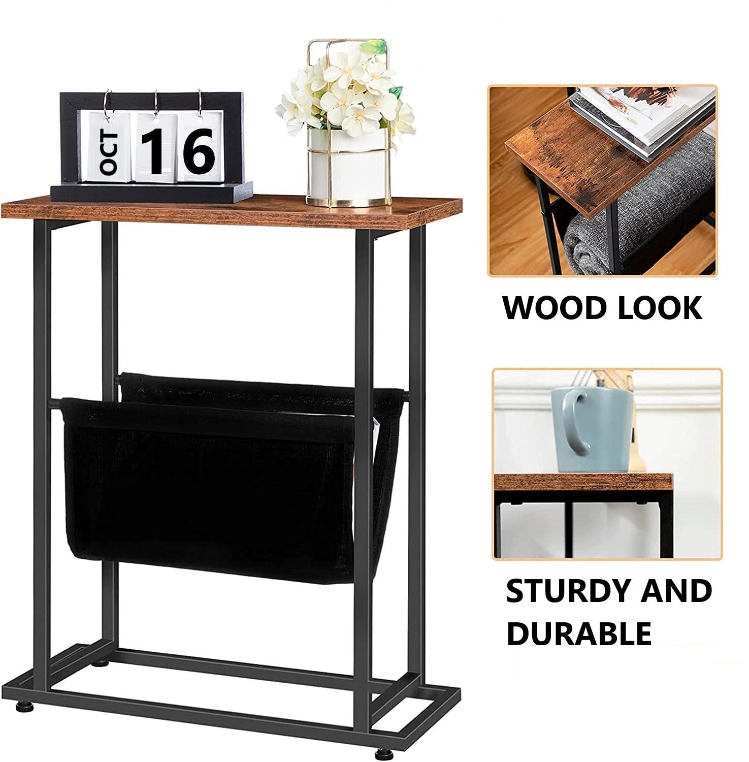 Industrial Side Table with Metal Frame and Magazine Holder