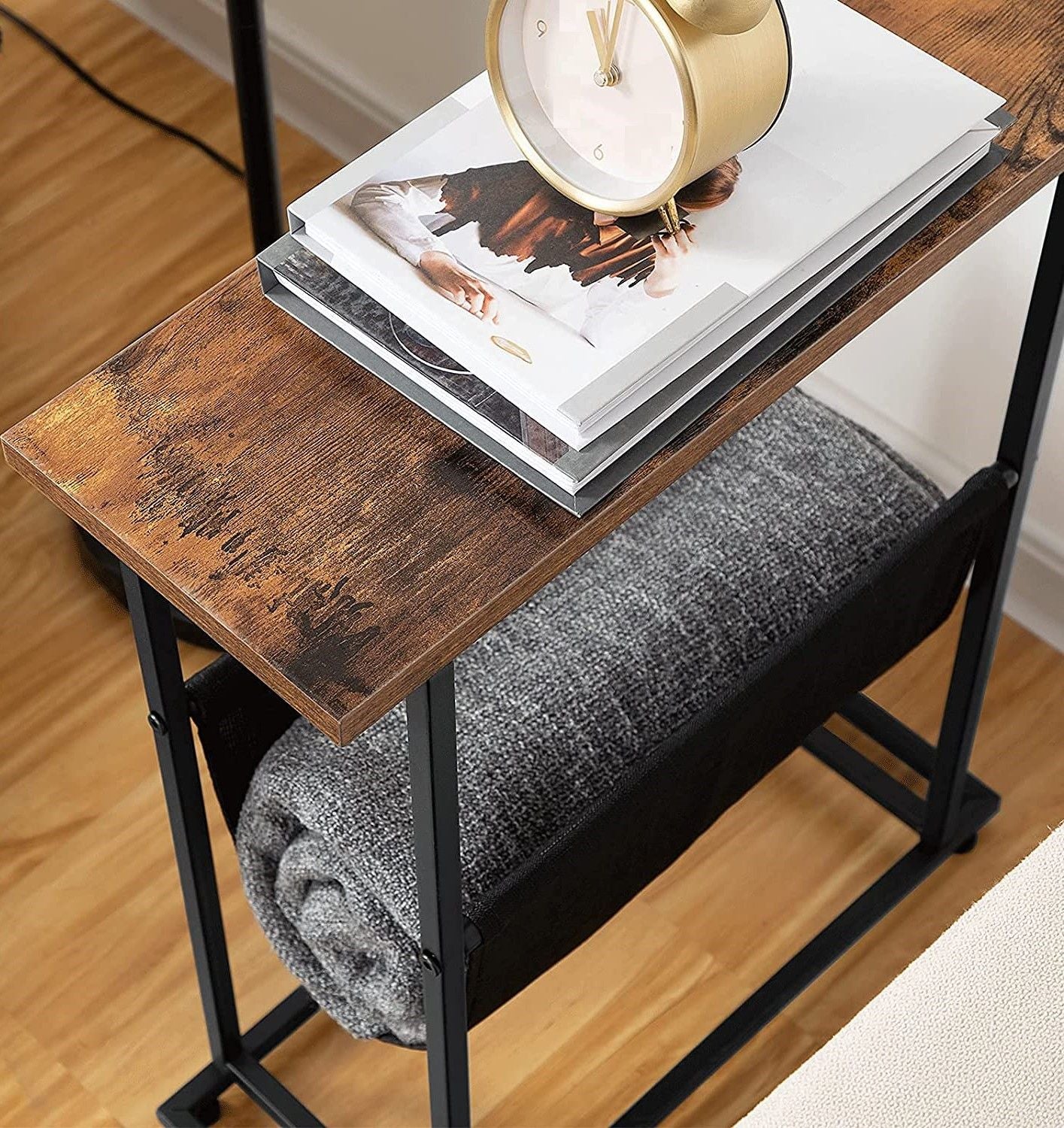 Industrial Side Table with Metal Frame and Magazine Holder