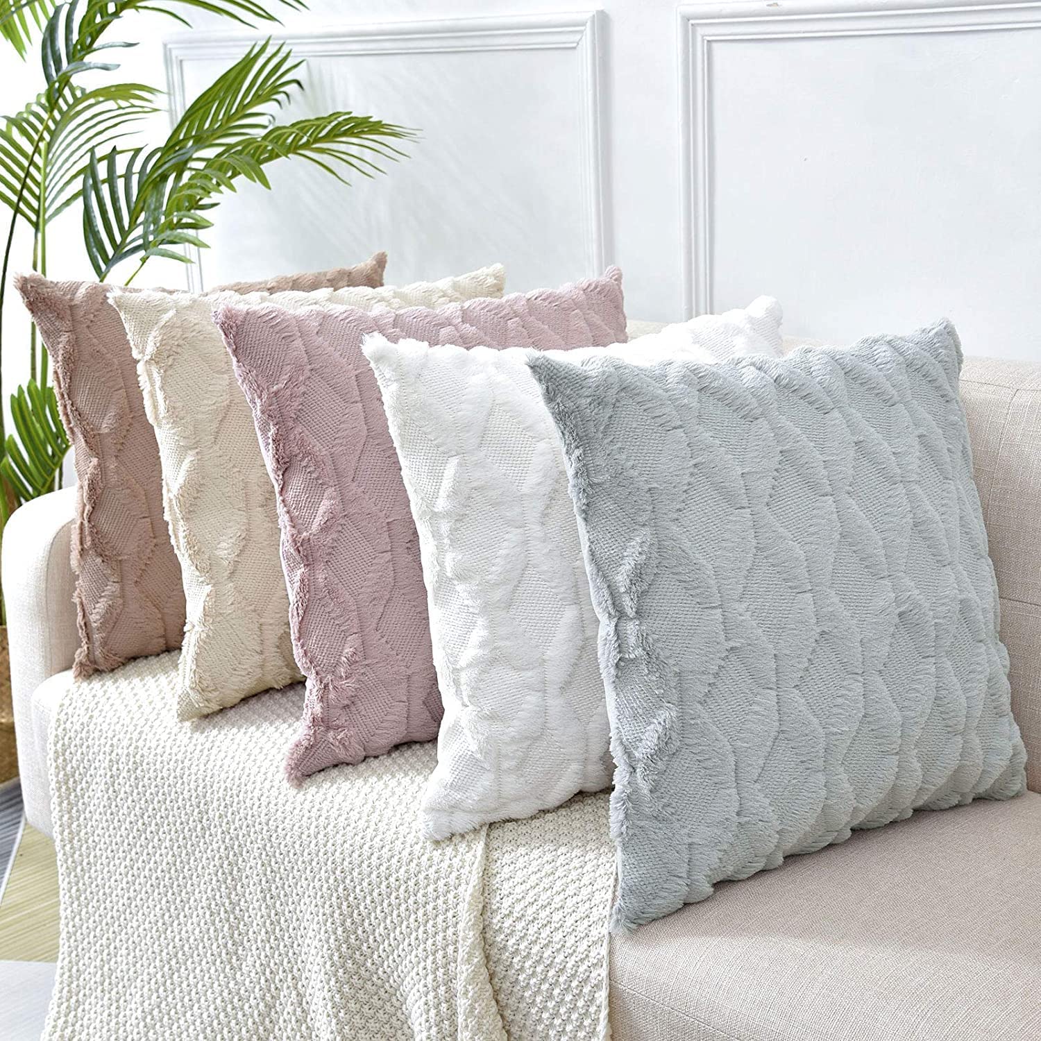 Soft Boho Faux Fur Pillow Covers, Diamond Design, 2 Pack