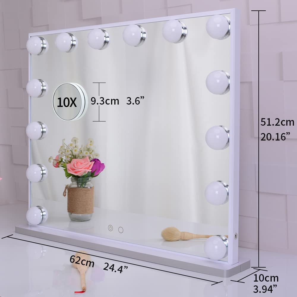 Hollywood Makeup Vanity Mirror with LED Lights and Detachable 10X Magnification Mirror White, 62 x 51 cm