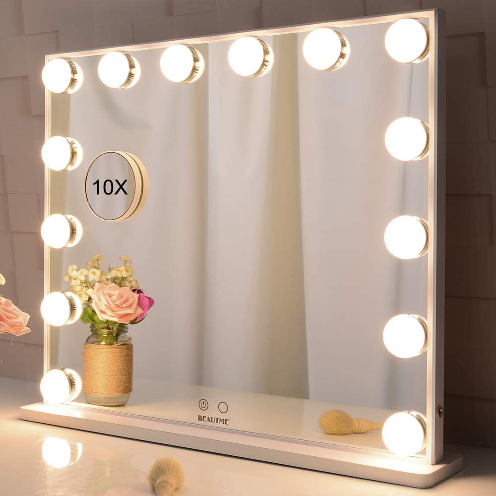 Hollywood Makeup Vanity Mirror with LED Lights and Detachable 10X Magnification Mirror White, 62 x 51 cm