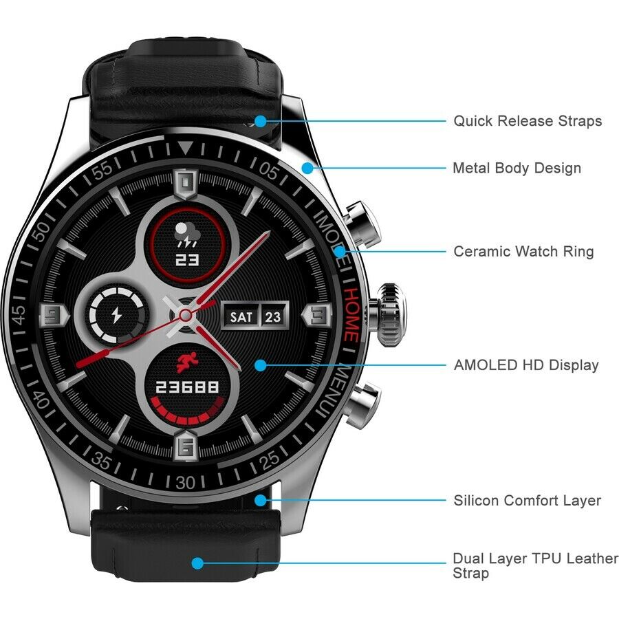 44mm AMOLED Ceramic Waterproof Smart Watch with HRM, DGTEC