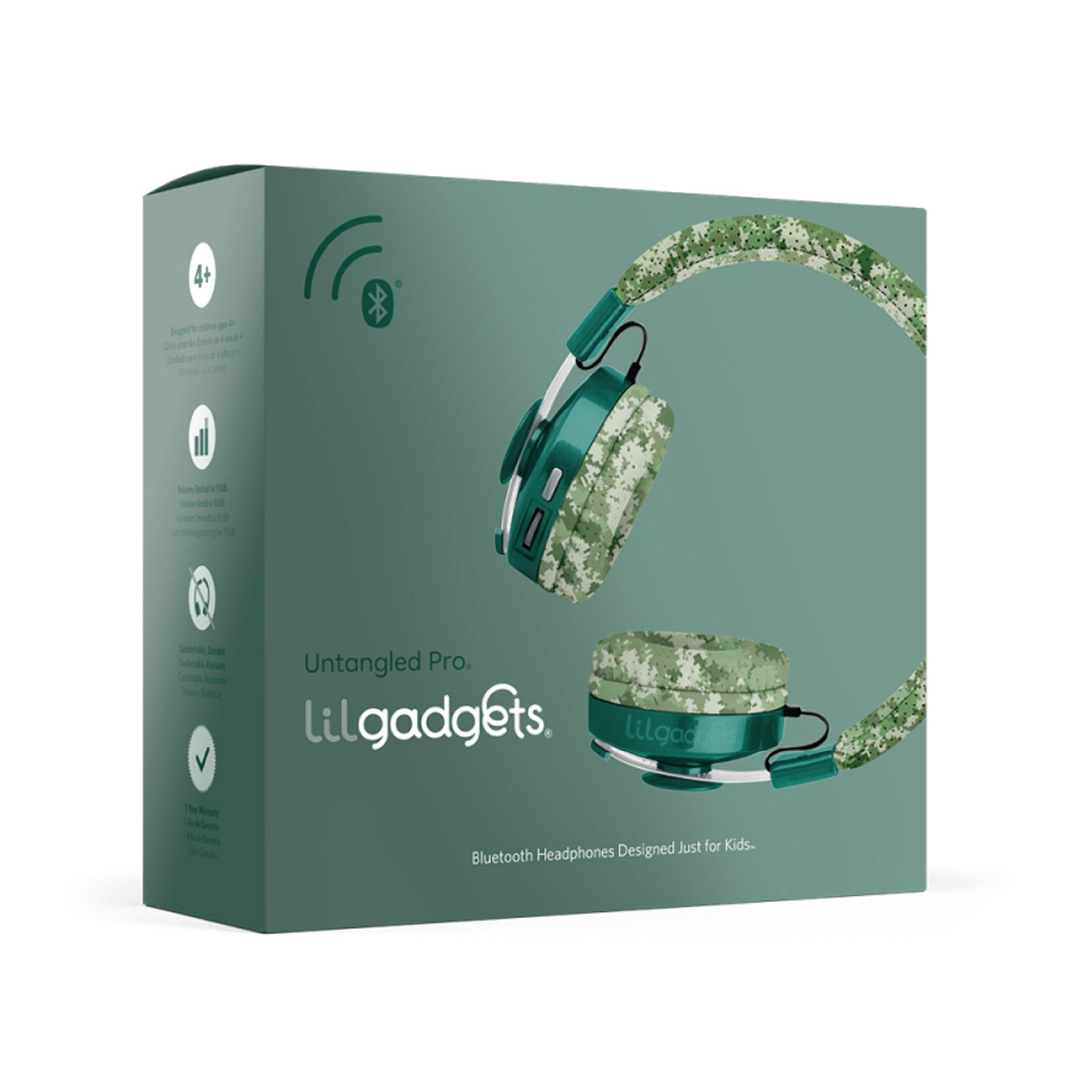 Wireless Kids Headphones, 93dB, Bluetooth, Green Camo, LilGadgets