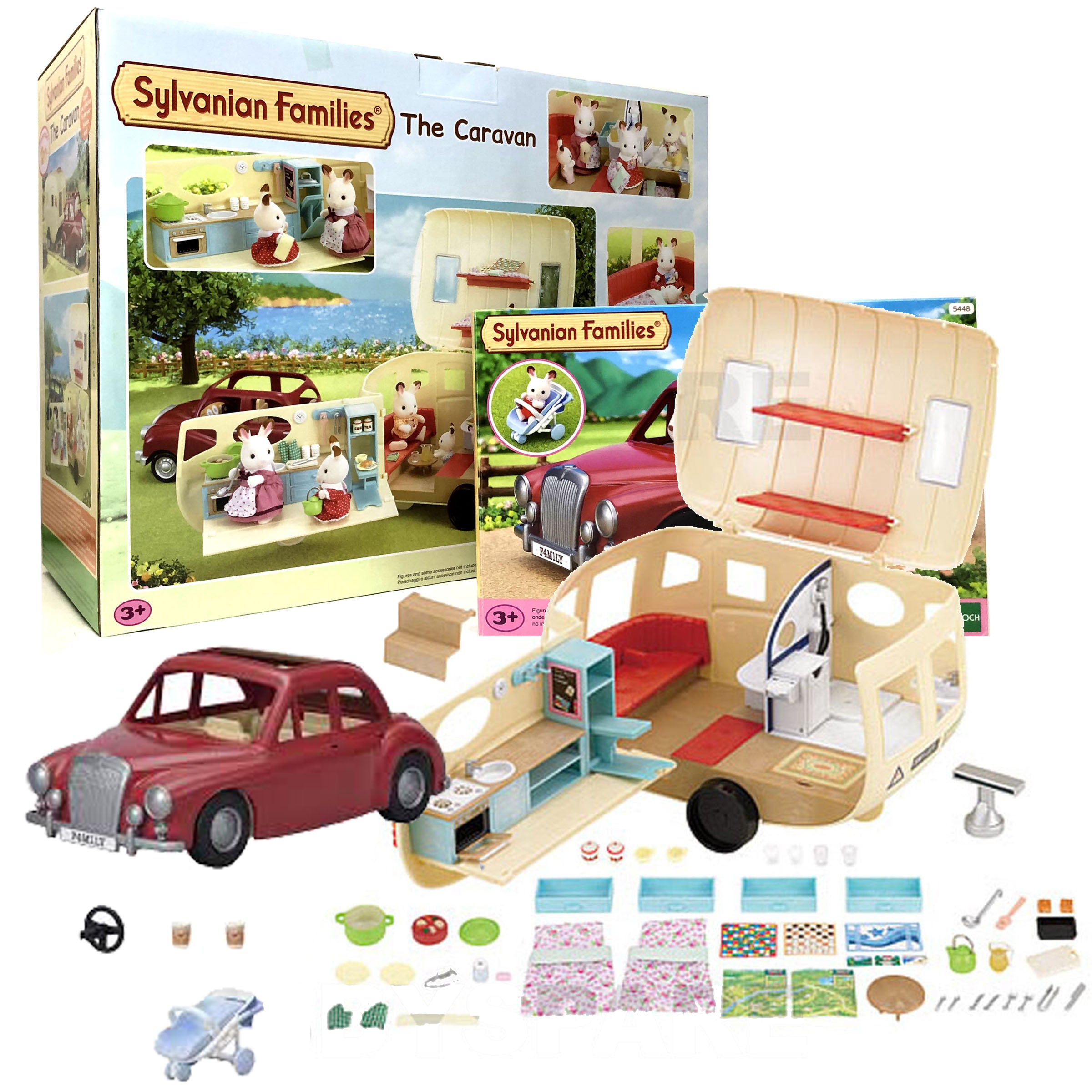 Open-Top Car & Caravan Set with Kitchen & Bathroom by Sylvanian