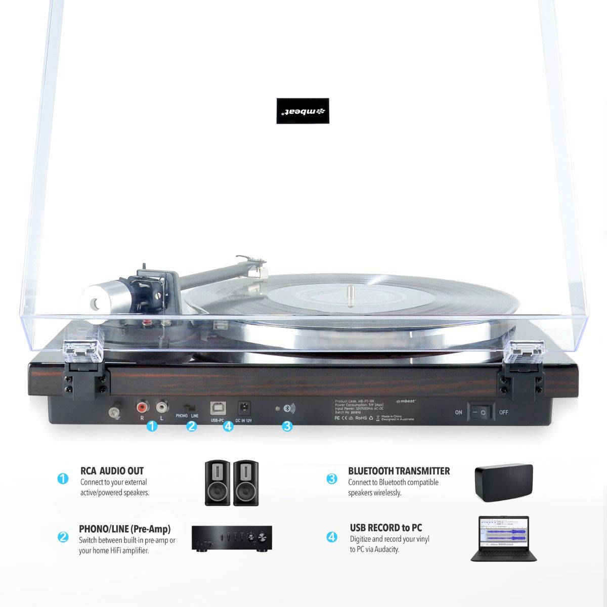 mbeat Hi-Fi Bluetooth Turntable MMC, USB, Anti-skating, Preamplifier - Macassar Ebony