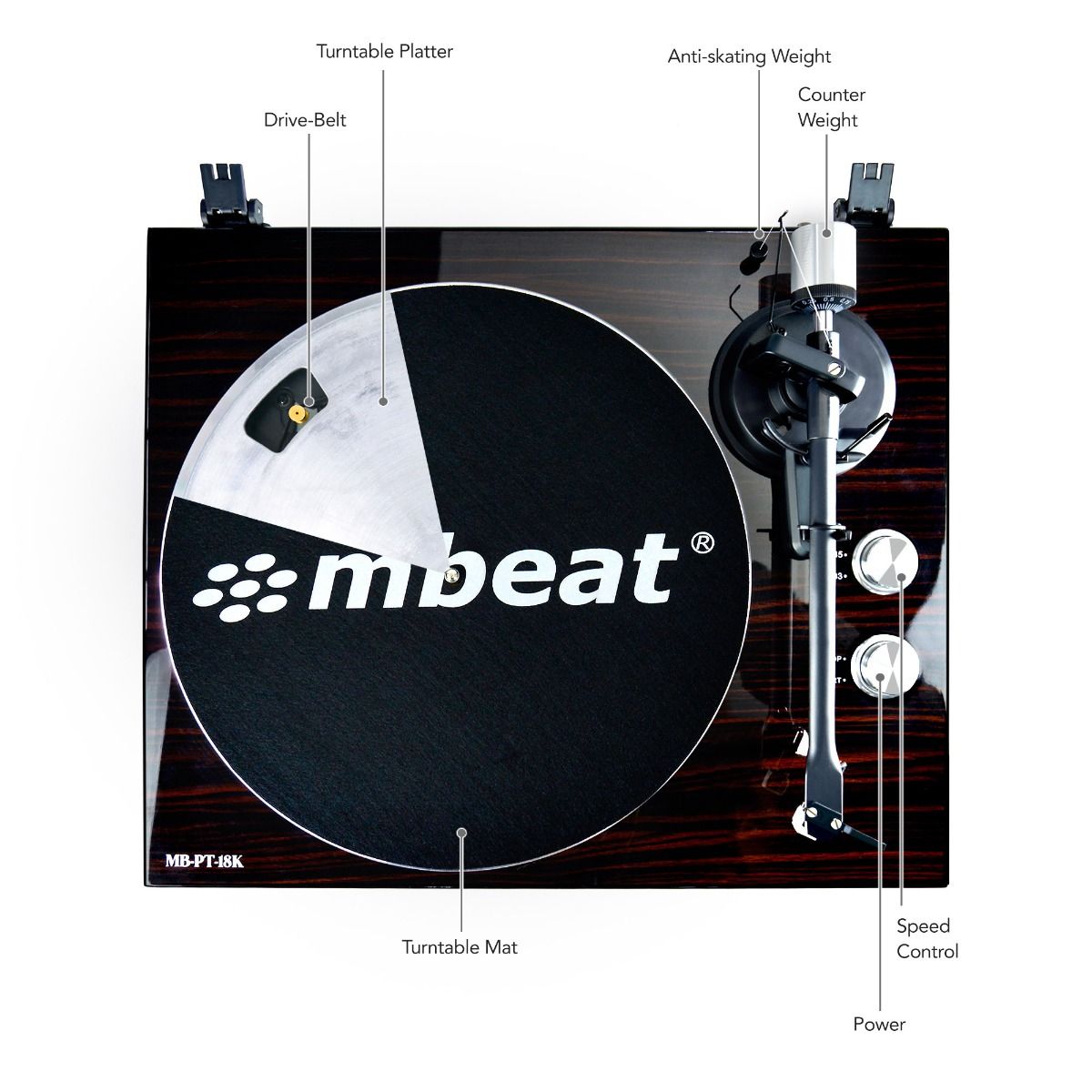 mbeat Hi-Fi Bluetooth Turntable MMC, USB, Anti-skating, Preamplifier - Macassar Ebony