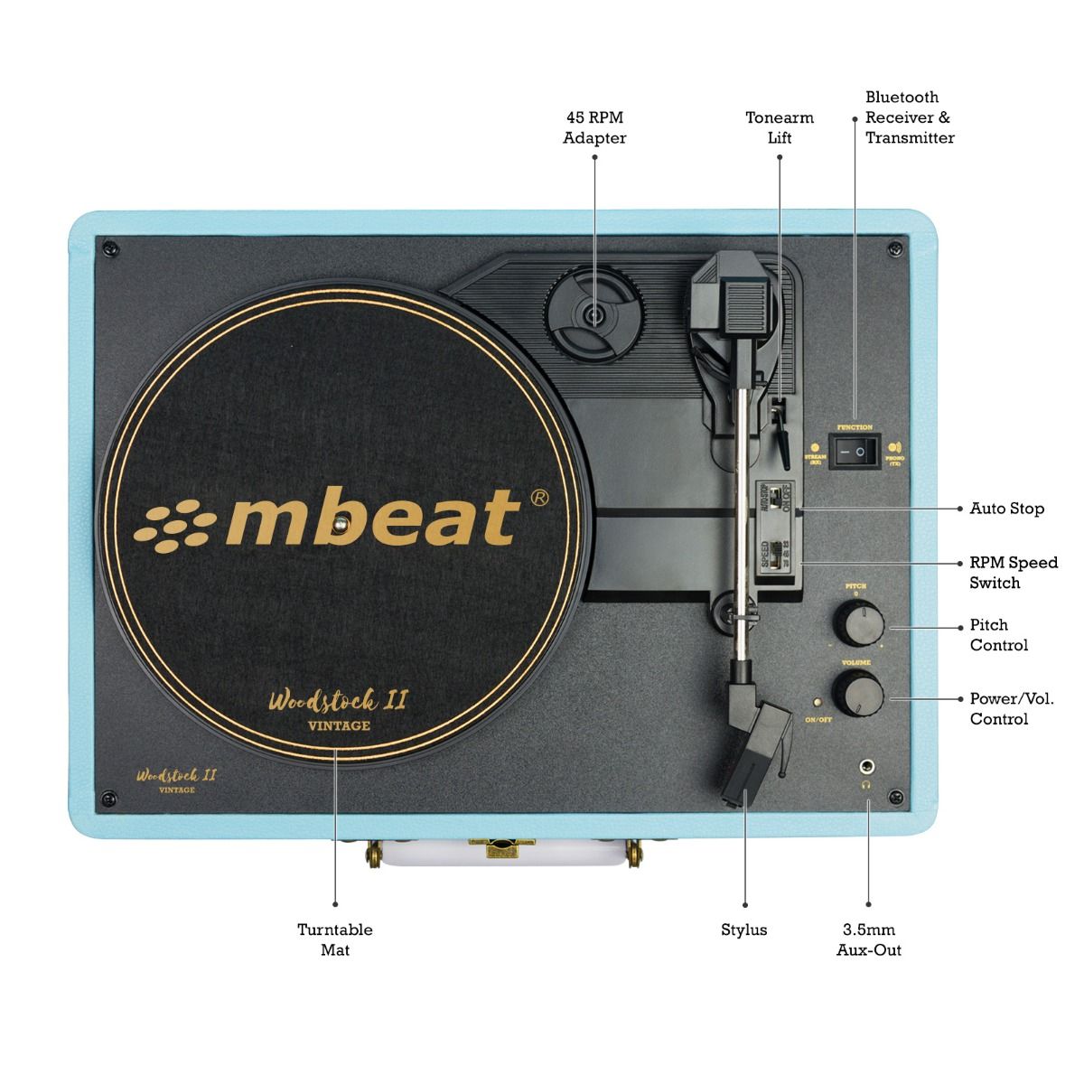mbeat Woodstock II Sky Blue Retro Bluetooth TX/RX Turntable