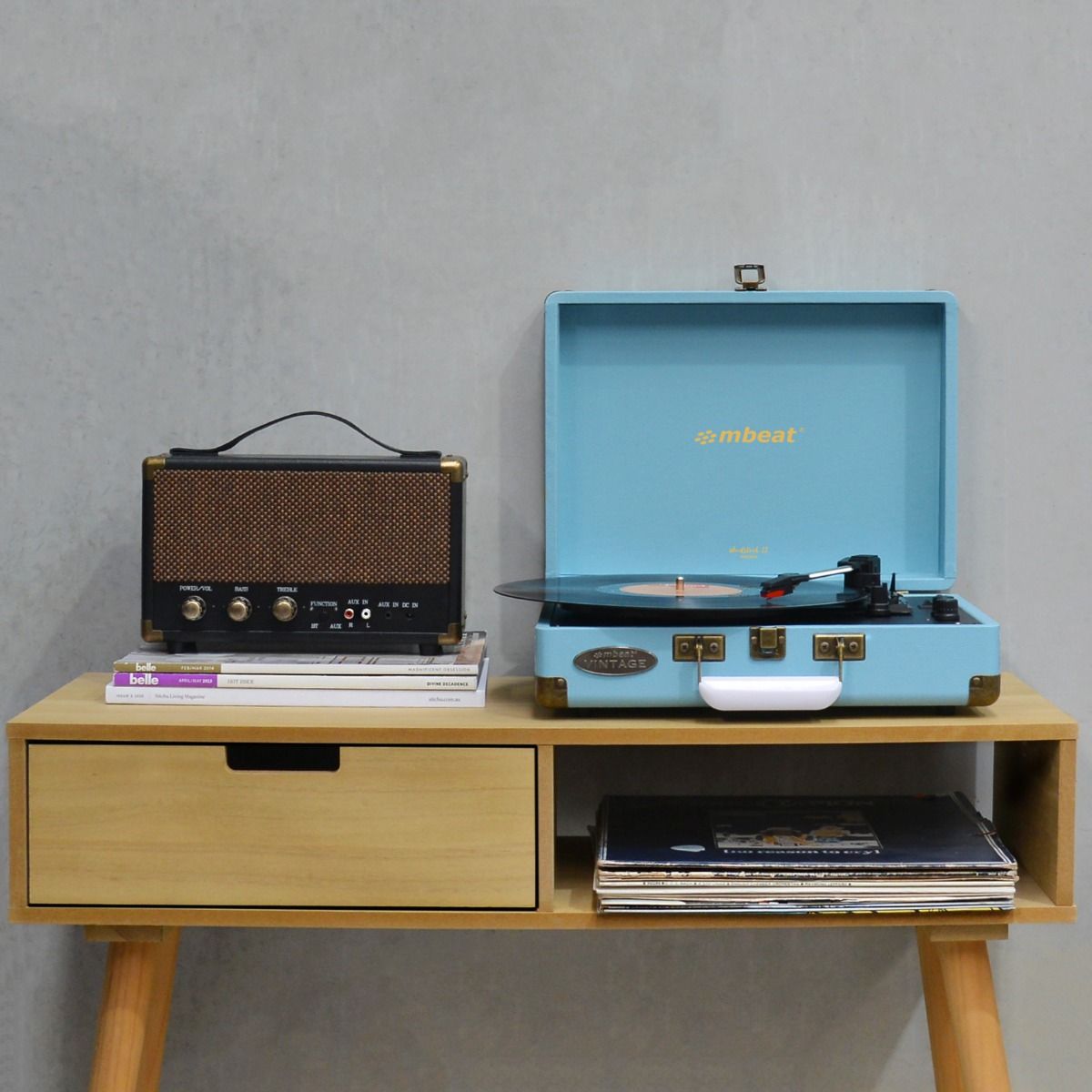 mbeat Woodstock II Sky Blue Retro Bluetooth TX/RX Turntable