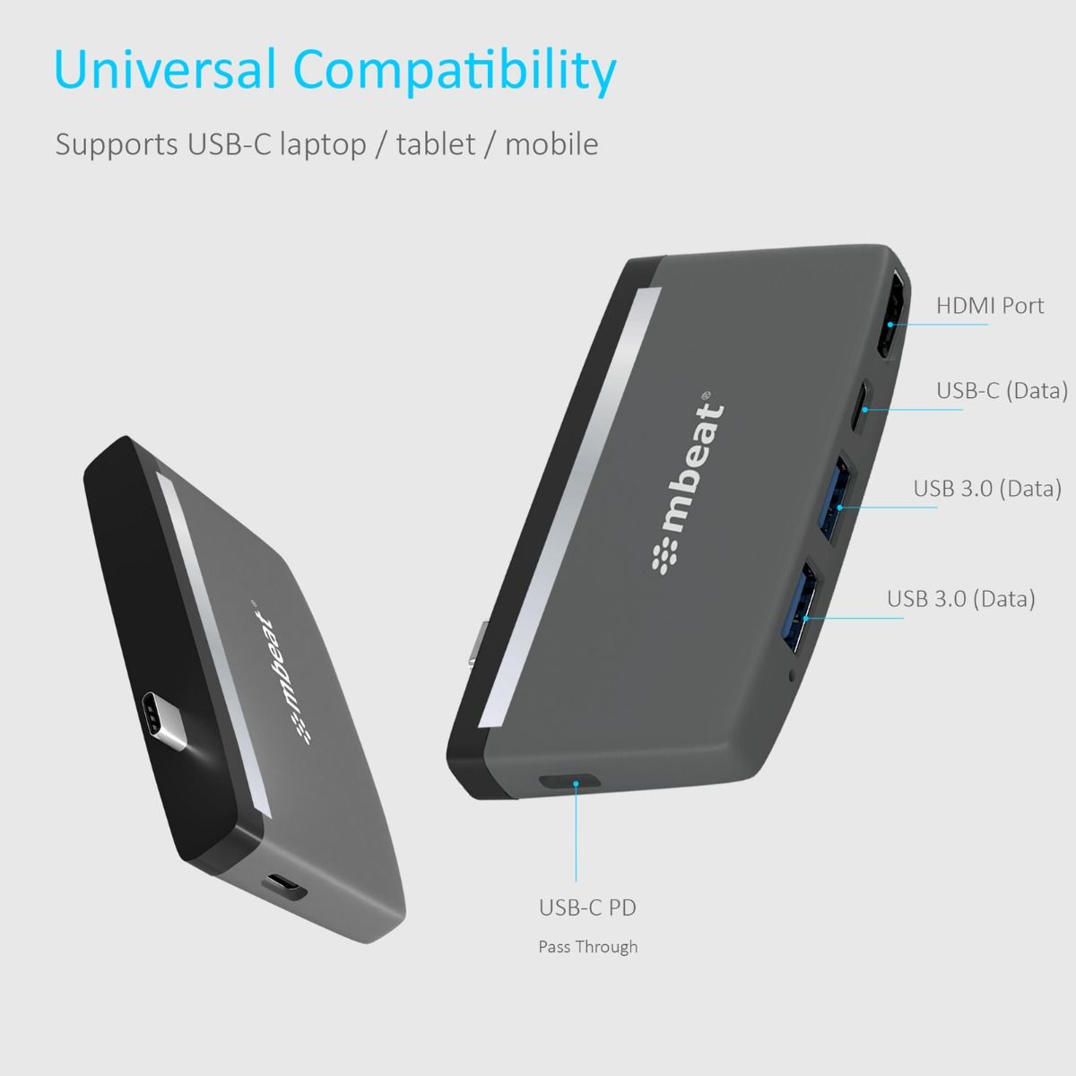 Sleek 5-in-1 USB-C Hub, 4K HDMI, PD Charging, USB 3.0, mbeat