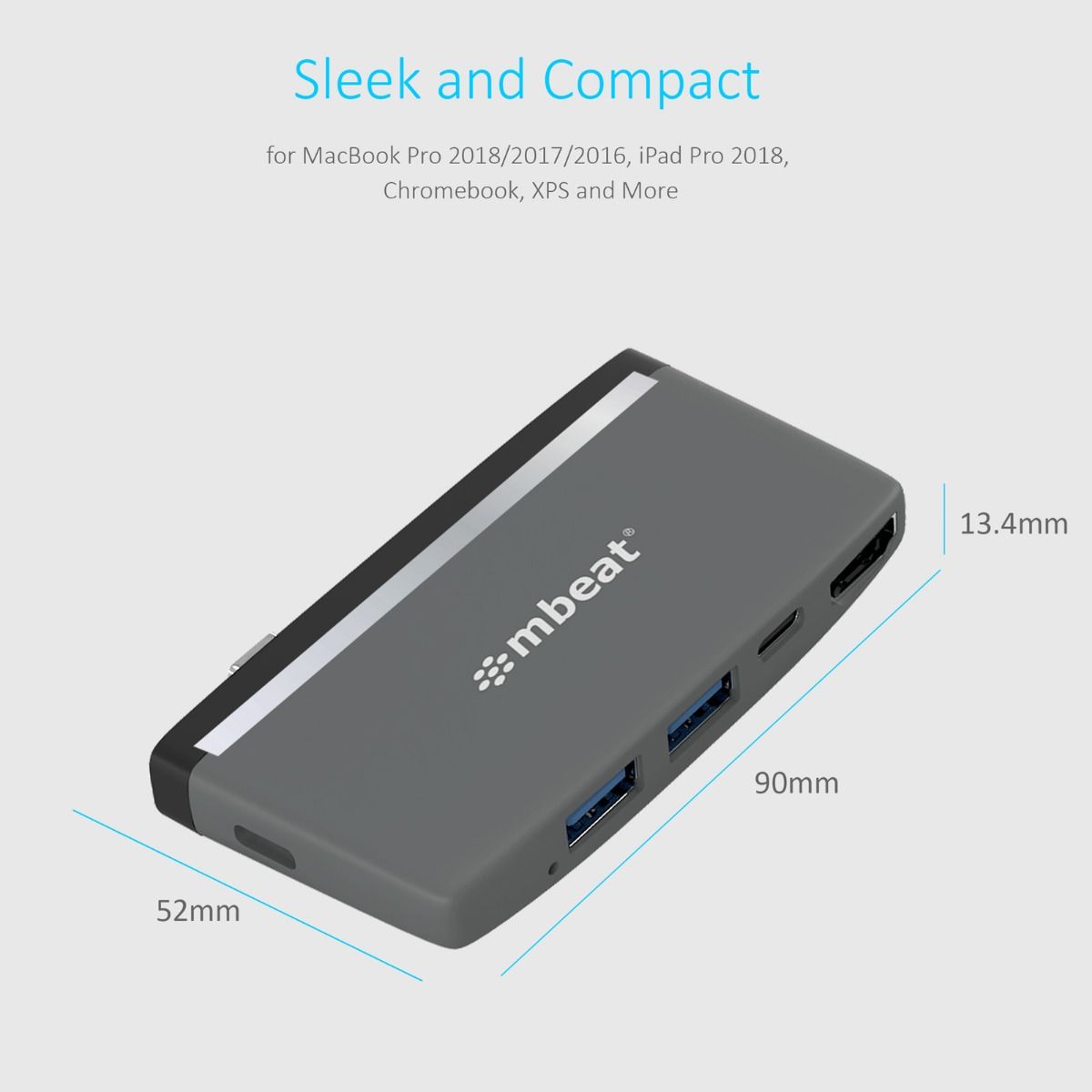 Sleek 5-in-1 USB-C Hub, 4K HDMI, PD Charging, USB 3.0, mbeat