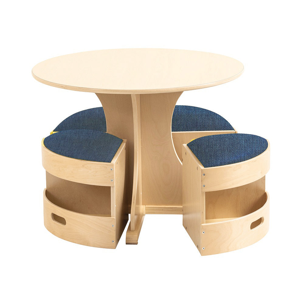Jooyes Kids Round Wooden Table with Storage Stools Blue - Set Of 5