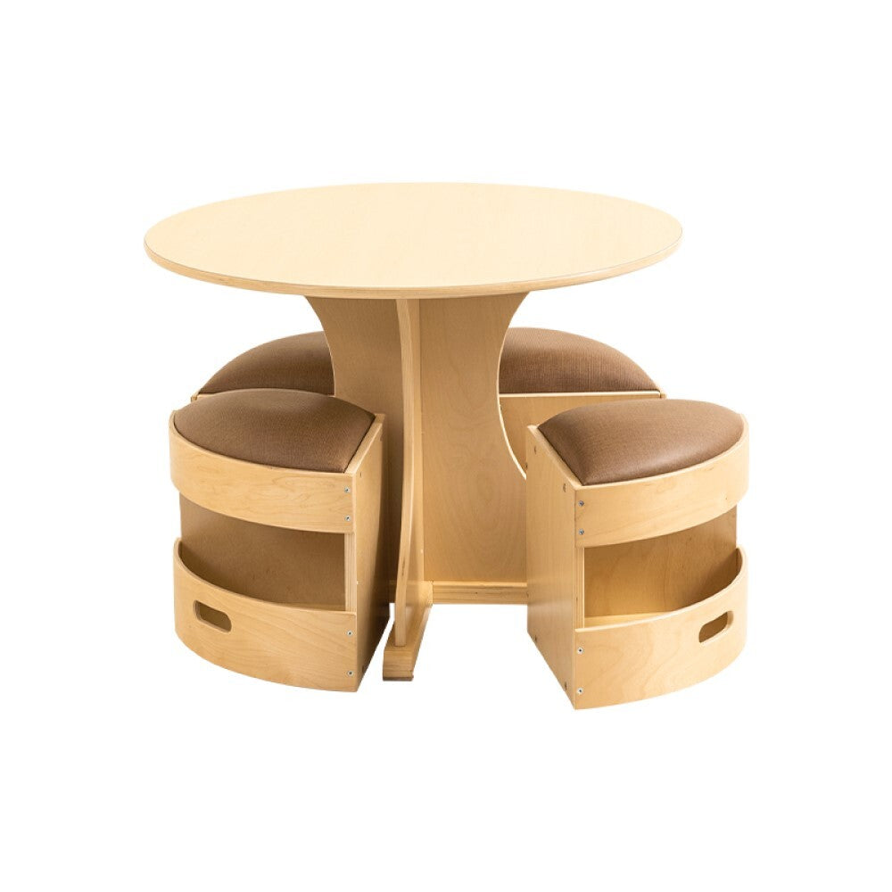 Jooyes Kids Round Wooden Table with Storage Stools Brown - Set Of 5