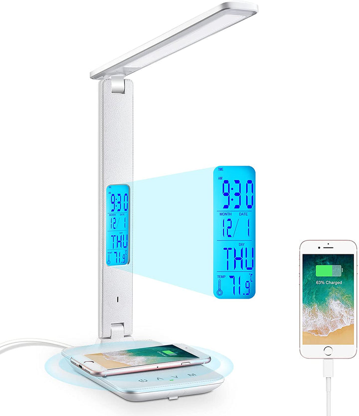 LED Desk Lamp with Fast Wireless Charger Clock Alarm Date Temperature