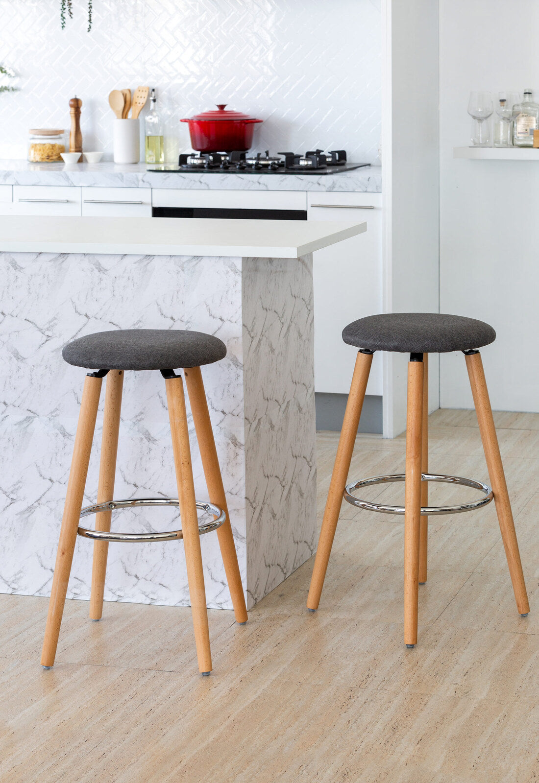 2 Cotton/Steel Modern Padded Barstools Grey/Wood