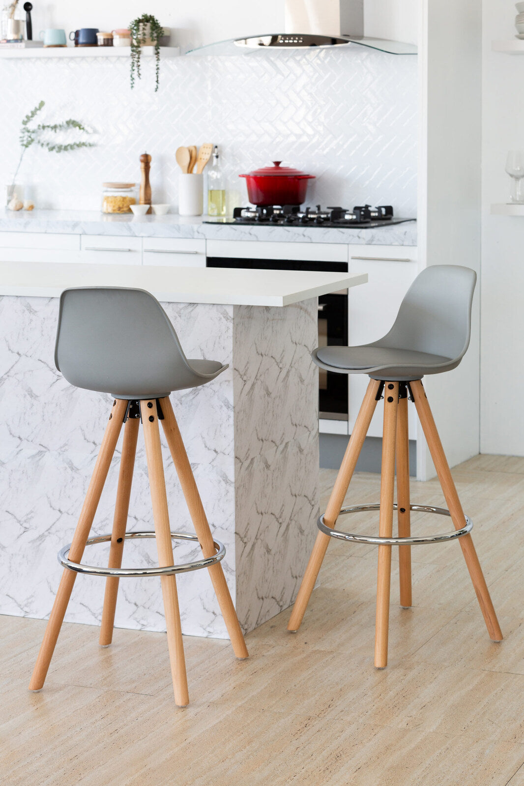 2 PU Leather Padded Barstools Light Grey/Wood with Metal Footrest