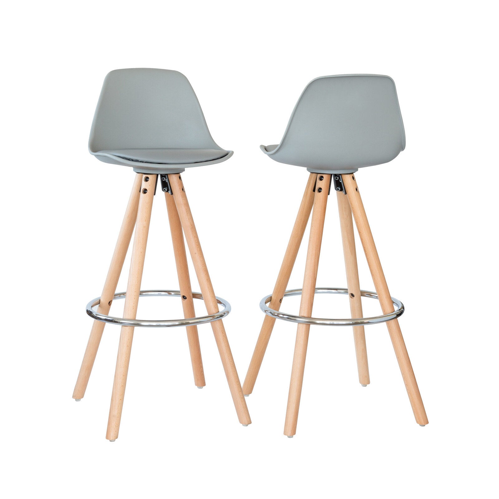 2 PU Leather Padded Barstools Light Grey/Wood with Metal Footrest