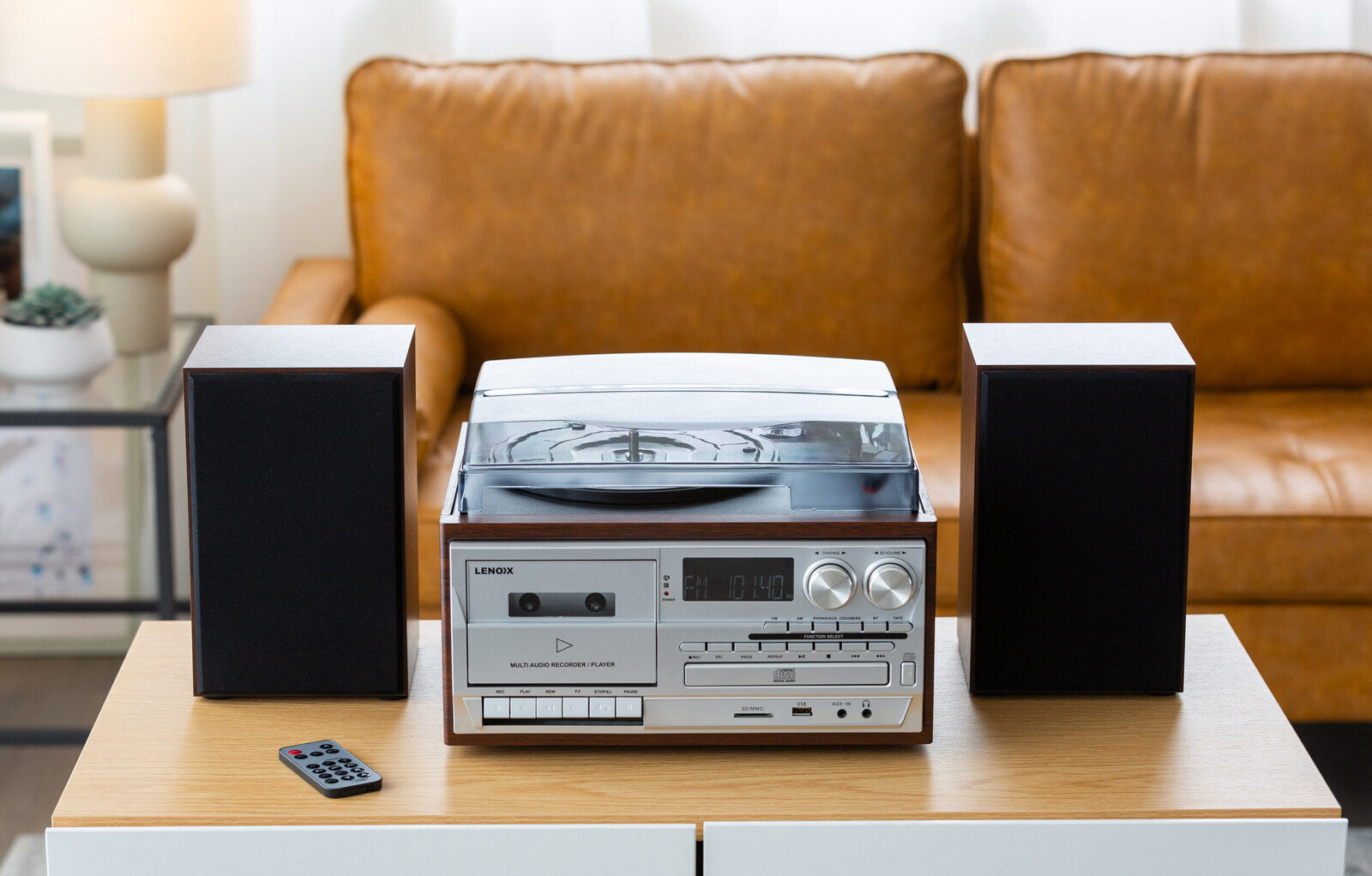 Audio Home Entertainment System Brown Turntable, CDs, Vinyl, Wireless Streaming & More