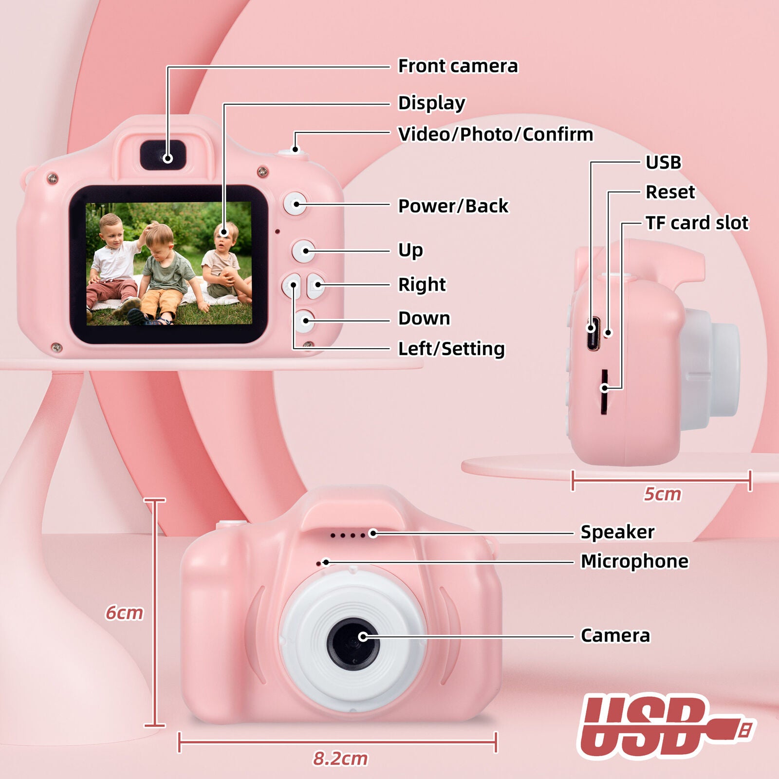 Kids Digital Dual Lens Camera, 4x Zoom and HD Video Recording Pink