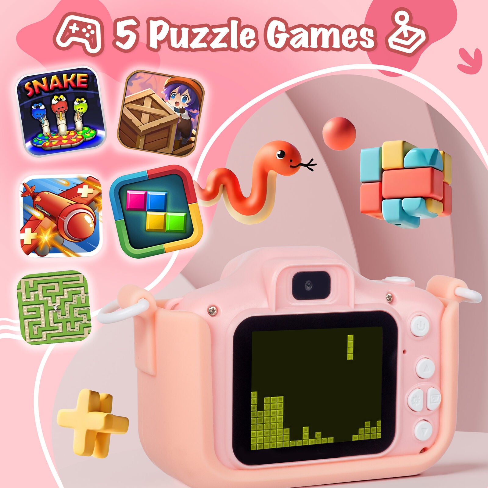 Kids Digital Dual Lens Camera, 4x Zoom and HD Video Recording Pink