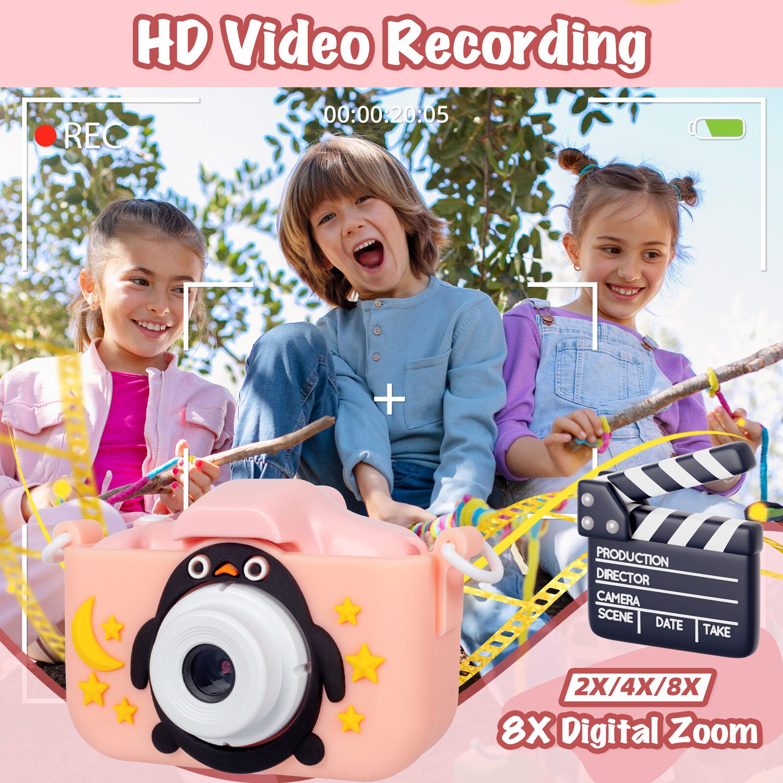 Kids Digital Dual Lens Camera, 4x Zoom and HD Video Recording Pink