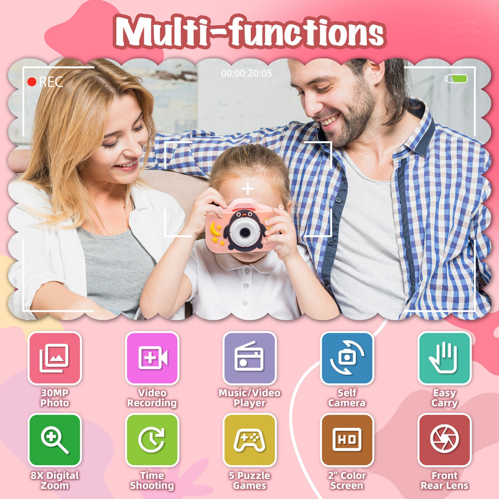 Kids Digital Dual Lens Camera, 4x Zoom and HD Video Recording Pink