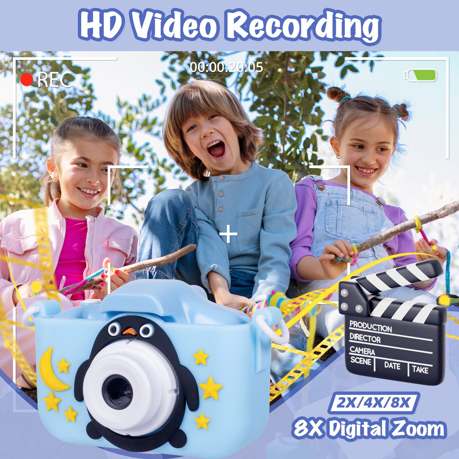 Kids Digital Dual Lens Camera, 4x Zoom and HD Video Recording Blue
