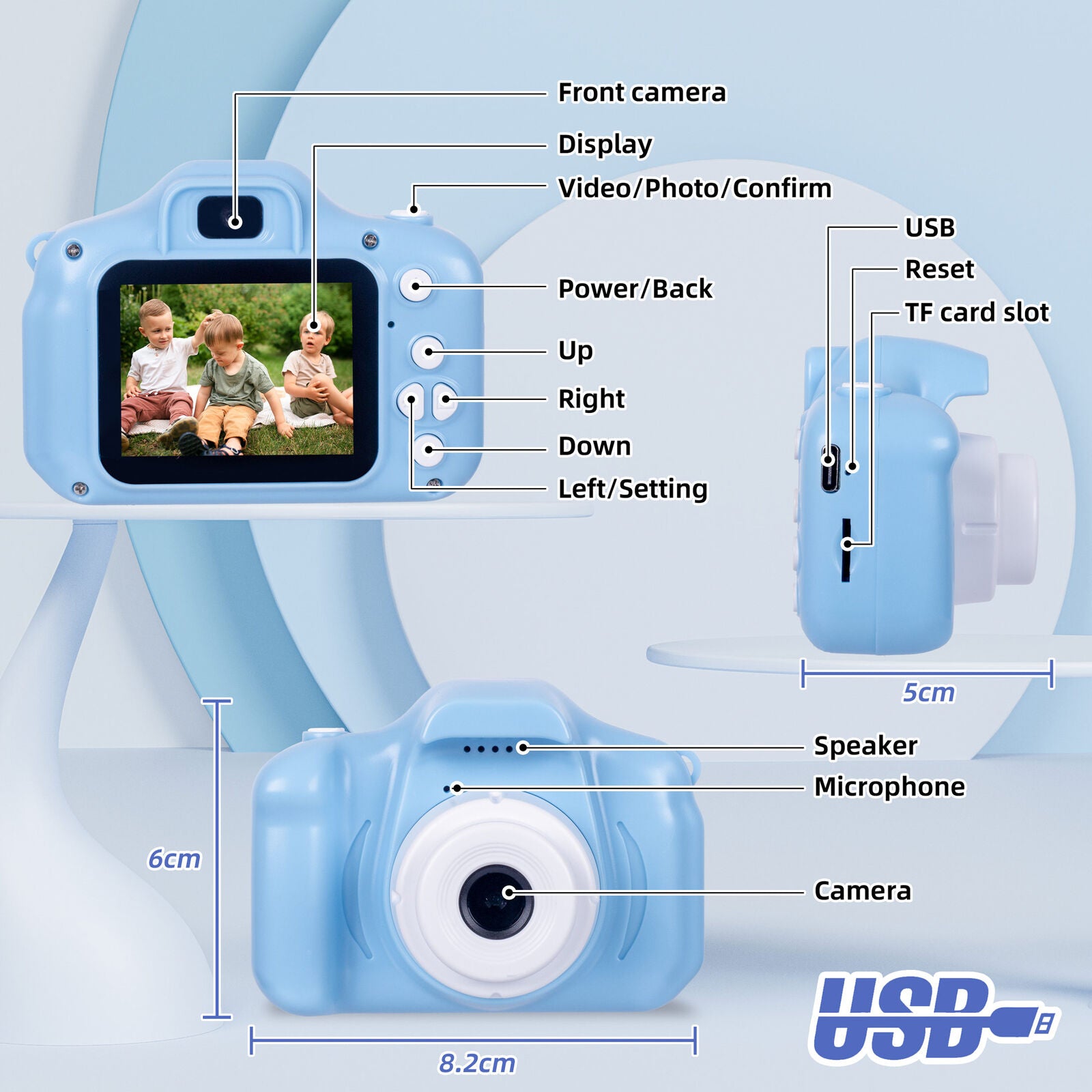 Kids Digital Dual Lens Camera, 4x Zoom and HD Video Recording Blue