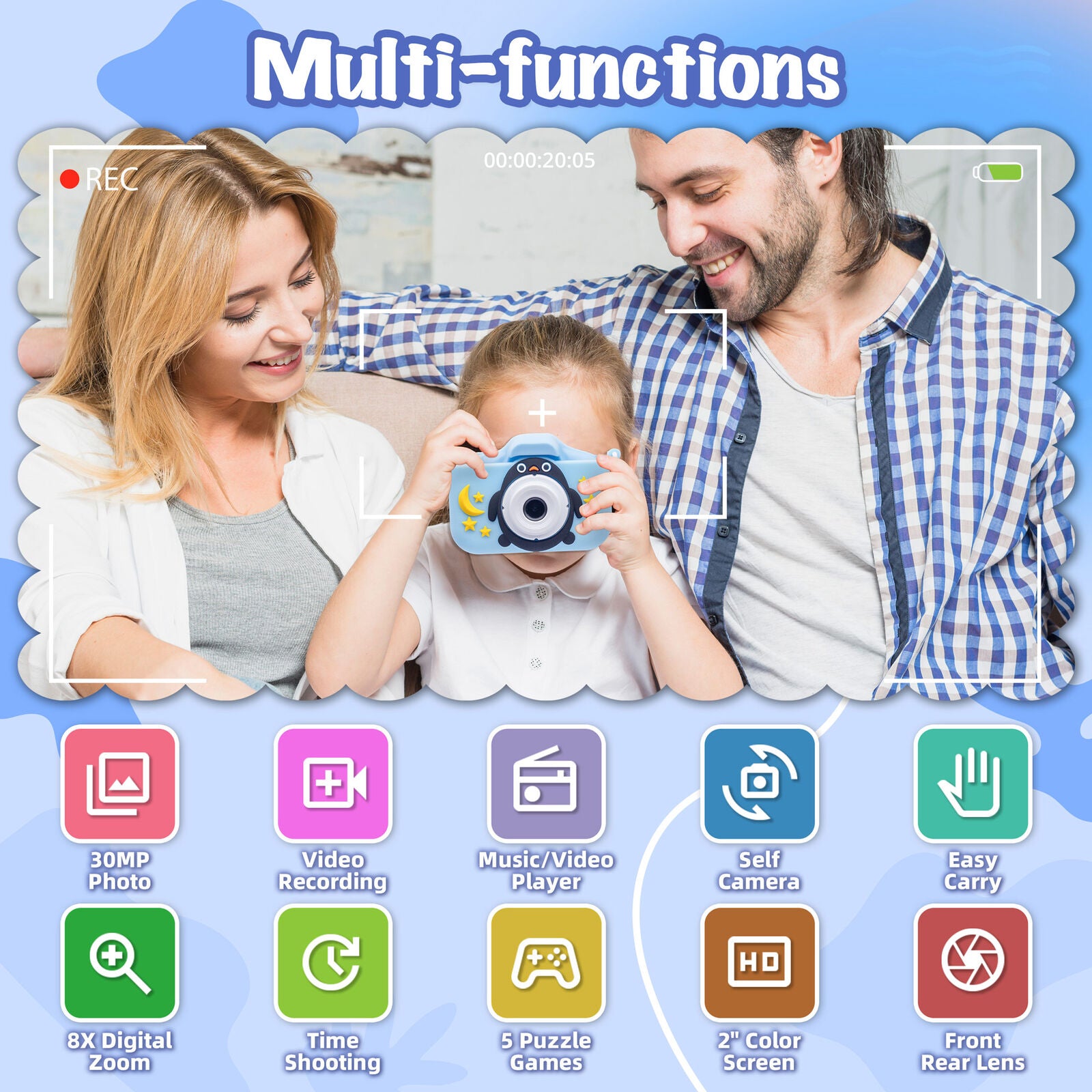 Kids Digital Dual Lens Camera, 4x Zoom and HD Video Recording Blue