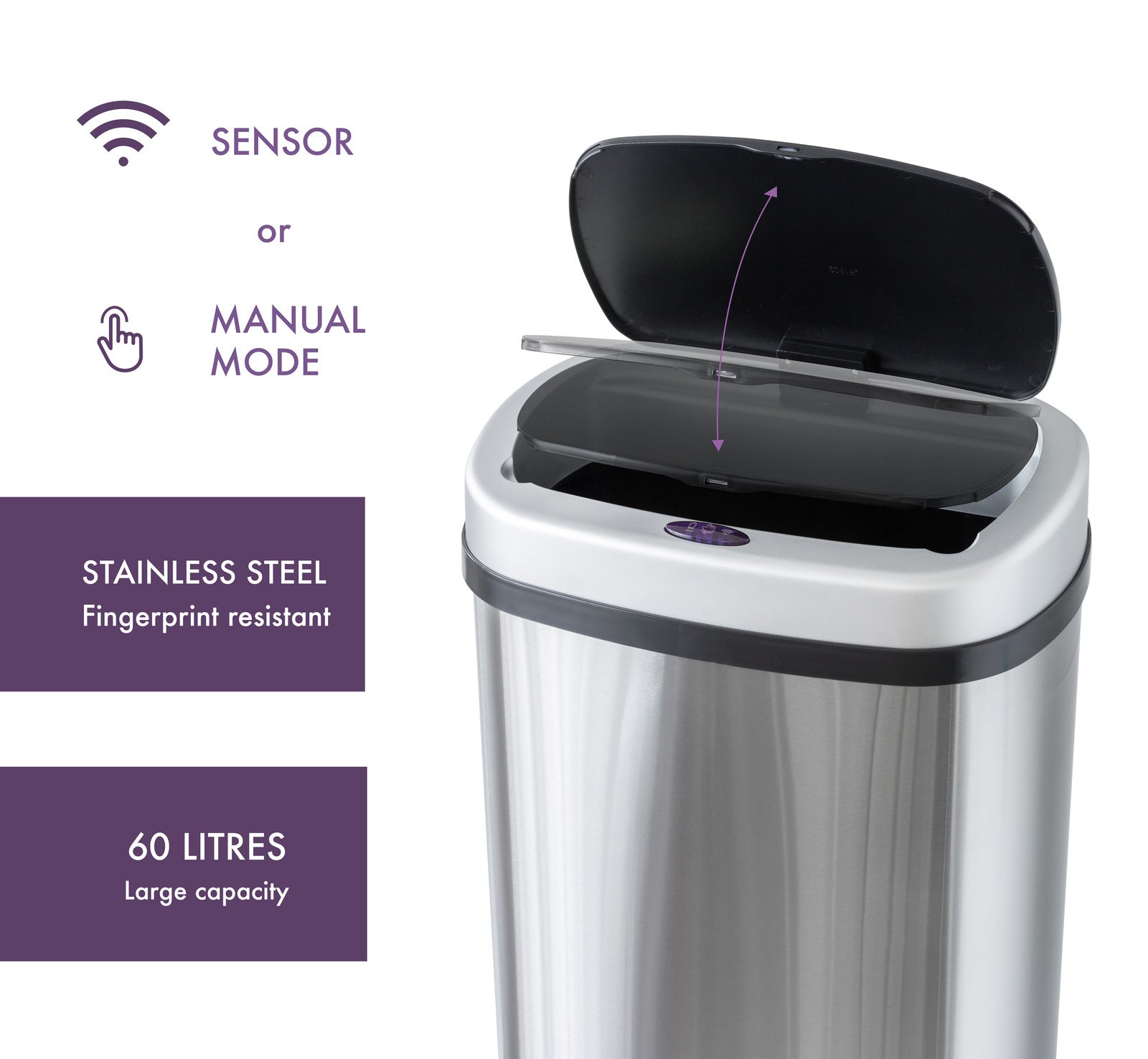 60L Stainless Steel Auto Sensor Rubbish Bin with Waterproof Lid