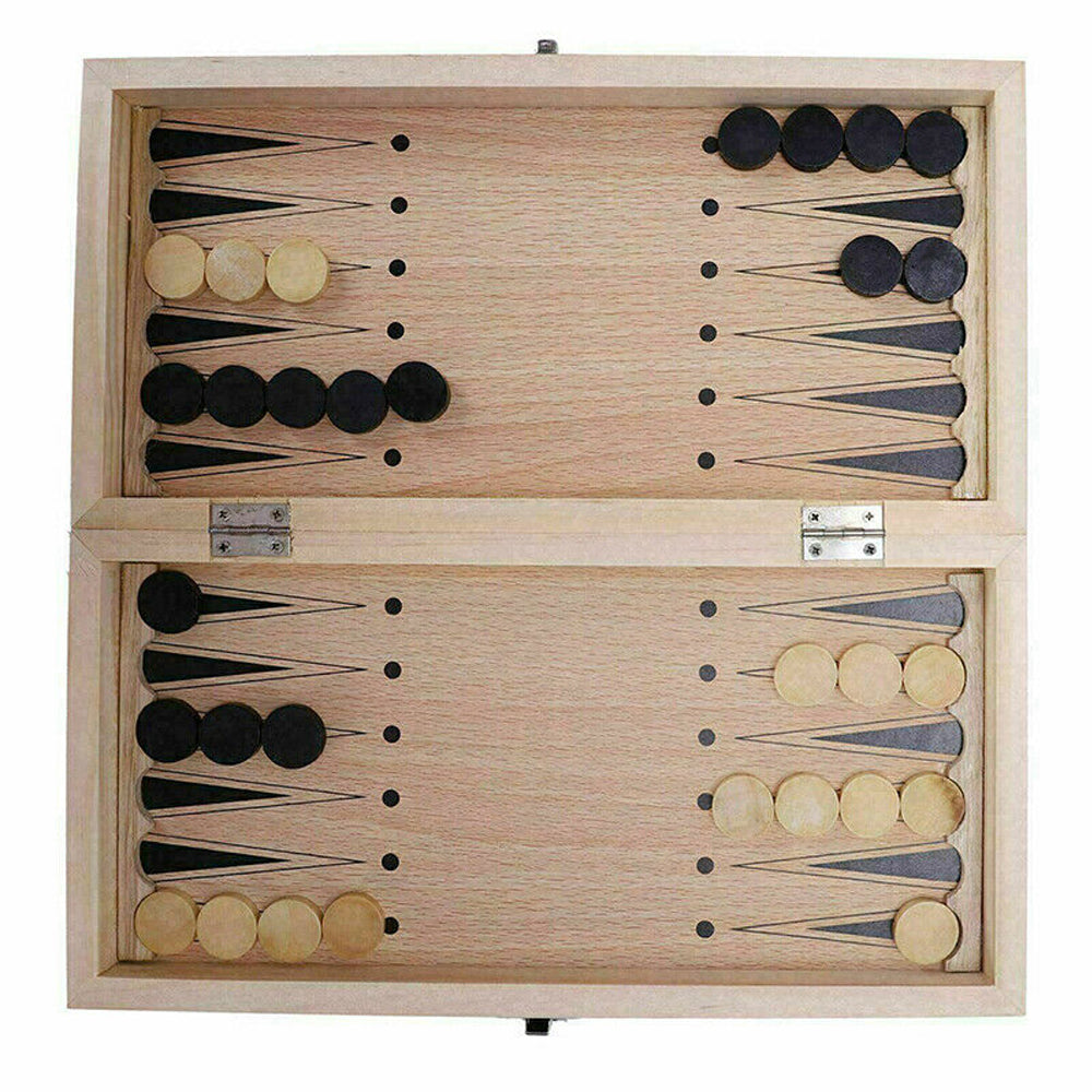 Foldable 3-in-1 Wooden Chess, Draughts & Backgammon Set