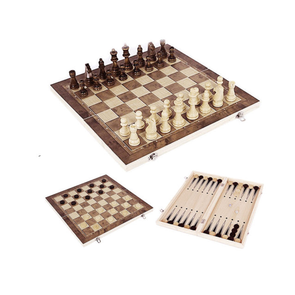 Foldable 3-in-1 Wooden Chess, Draughts & Backgammon Set