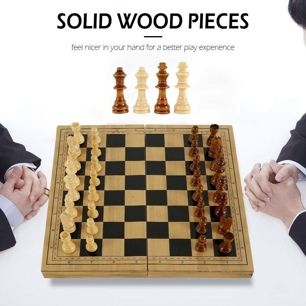 Foldable 3-in-1 Wooden Chess, Draughts & Backgammon Set