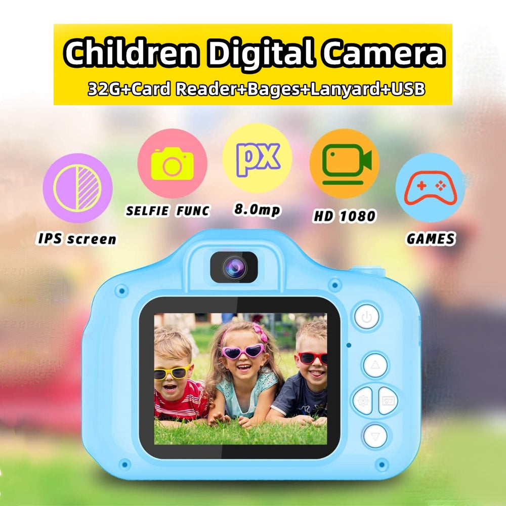 HD Mini Kids Camera 2.0" LCD, 32GB Card, Games, Blue